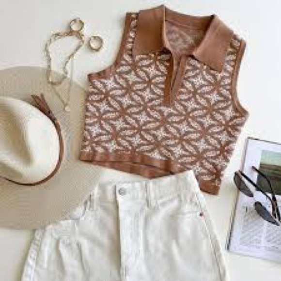 Johnny polo collar v-neck sleeveless Cropped jacquard knit sweater vest size L - Picture 5 of 10